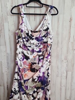 Sleeveless Midi Dress with Purple Floral Watercolor Print